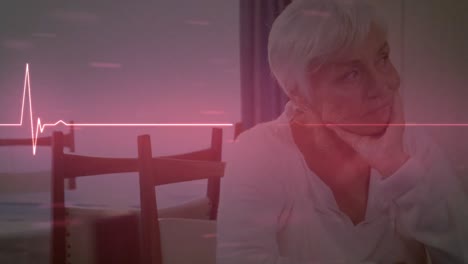 animation of cardiograph over senior caucasian woman thinking