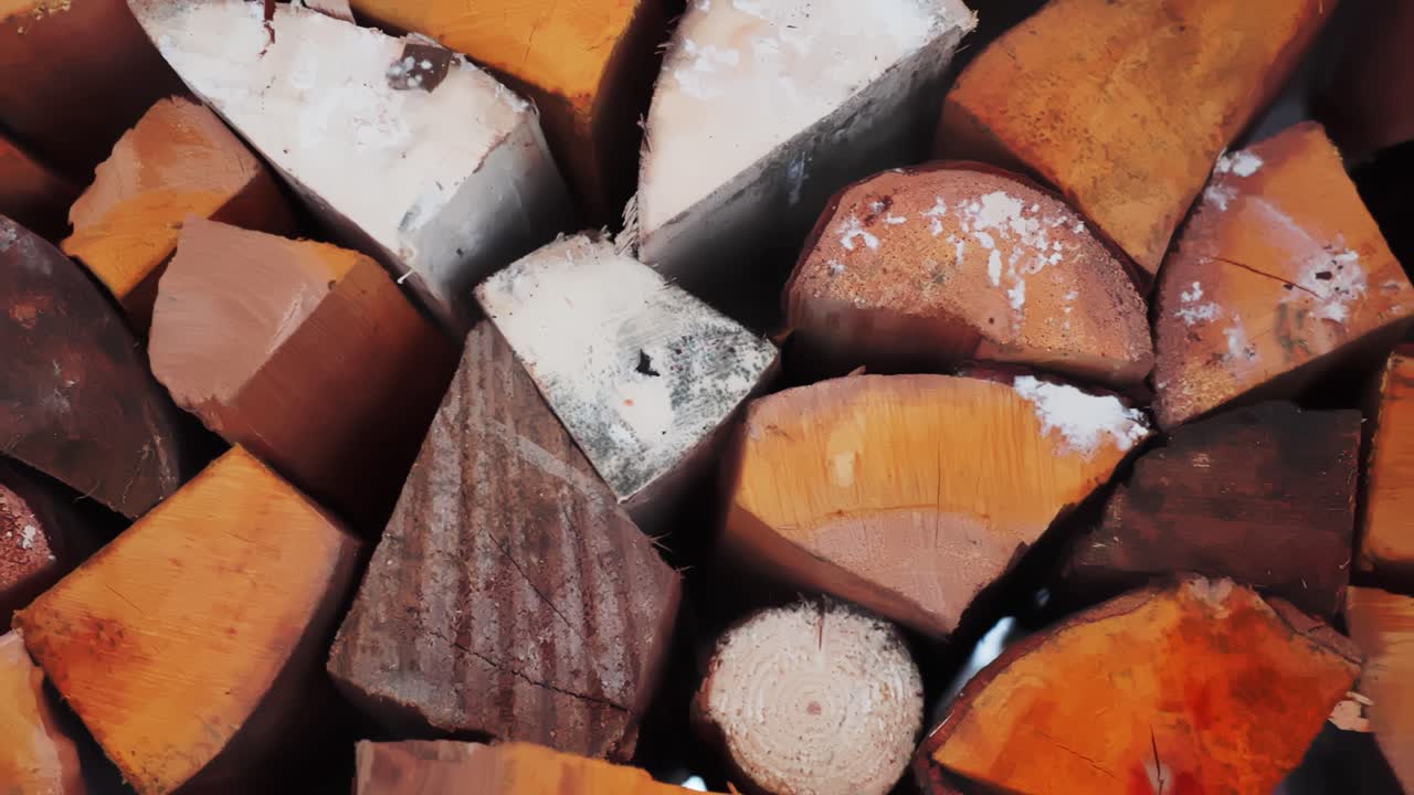 Tight close-up side view of stacked split firewood with snow crystals on cut ends, rustic winter fuel supply for fireplace or stove, cozy home heating concept