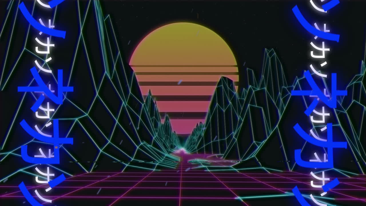 메타버스 배경에 네온 일본어 글자의 애니메이션