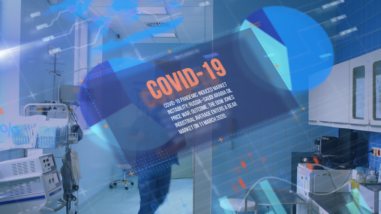 수술사들이 통계와 코로나19를 빨간 글자로 쓰고 있는 애니메이션