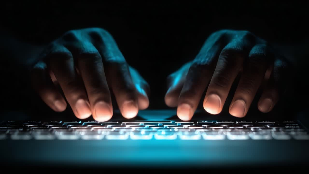 Exploring Digital Worlds: A Close-Up on Hands Typing on a Laptop Keyboard in a Dark Setting, Illuminated by the Soft Glow of the Screen Light
