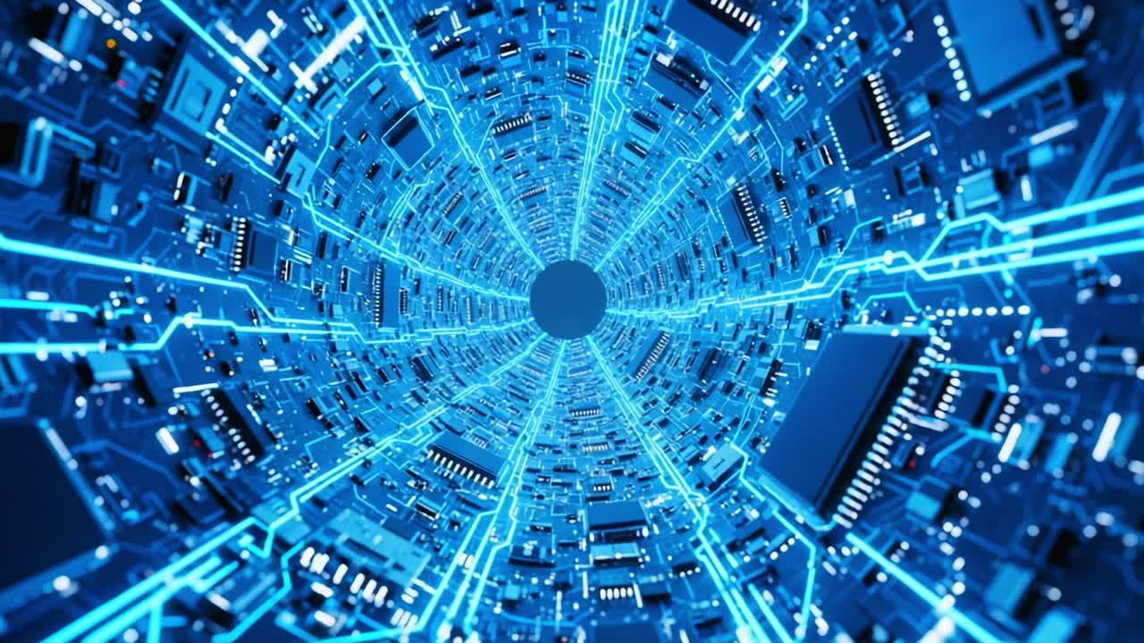 Exploring the Depths of an Abstract Digital Tunnel: A Visual Journey Through a Circuitry Maze Illuminated by Electric Blue Lines and Chips