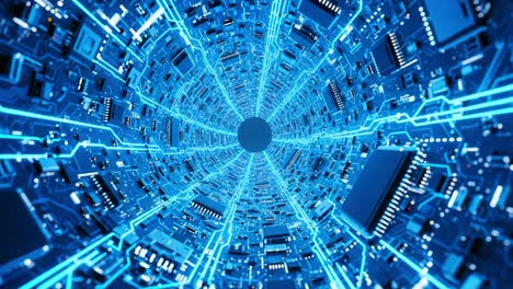 exploring the depths of an abstract digital tunnel: a visual journey through a circuitry maze illuminated by electric blue lines and chips