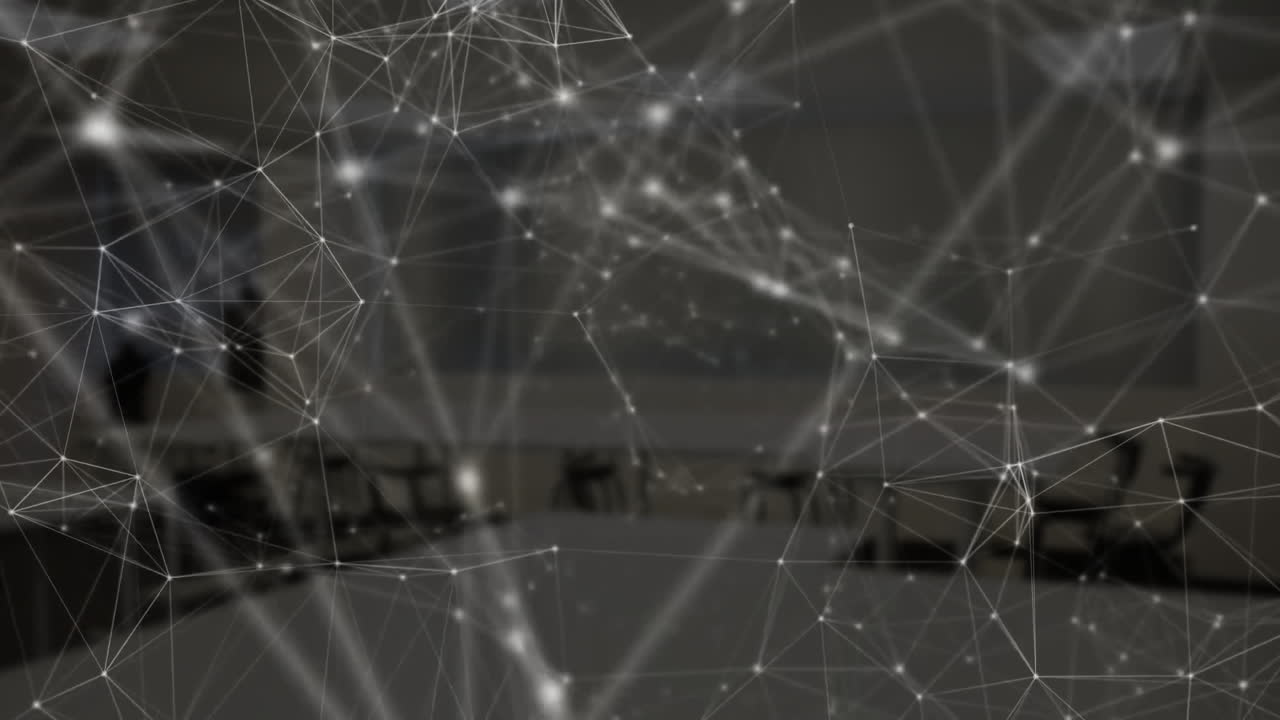 Network of connections and data processing animation over empty classroom