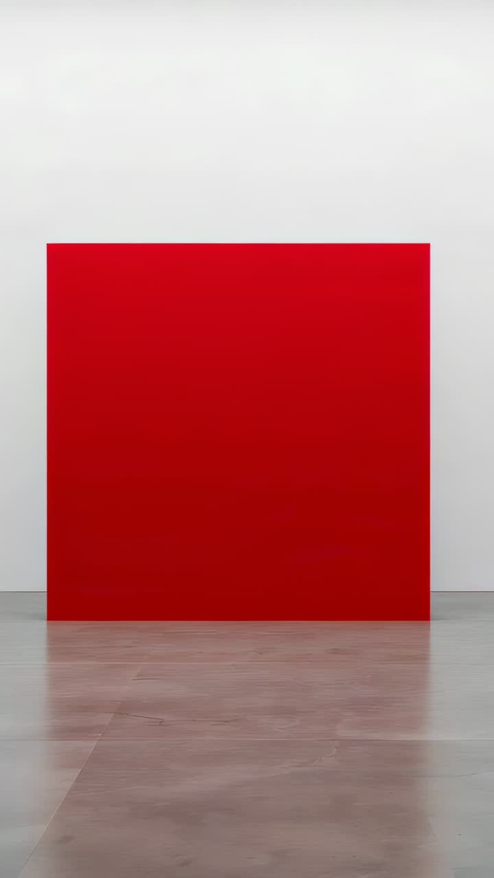 Video verticale: zoom indietro della camera che rivela un pannello quadrato rosso in una galleria su una parete bianca, pavimento lucido