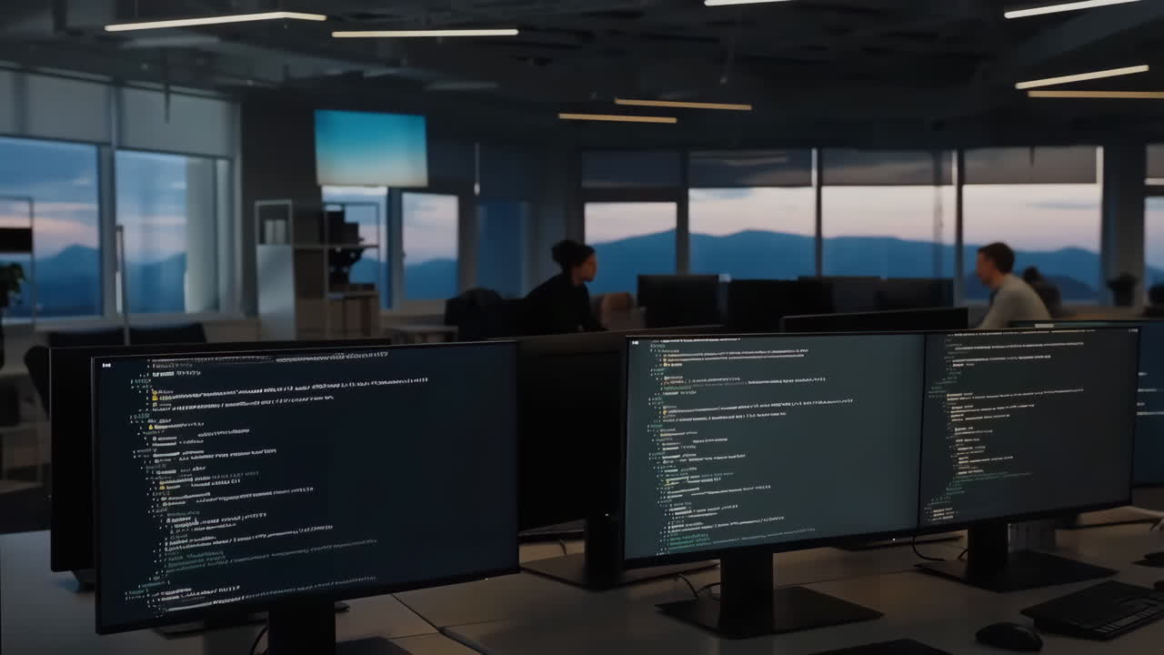 Software developers working in a modern office with multiple monitors displaying code at dusk