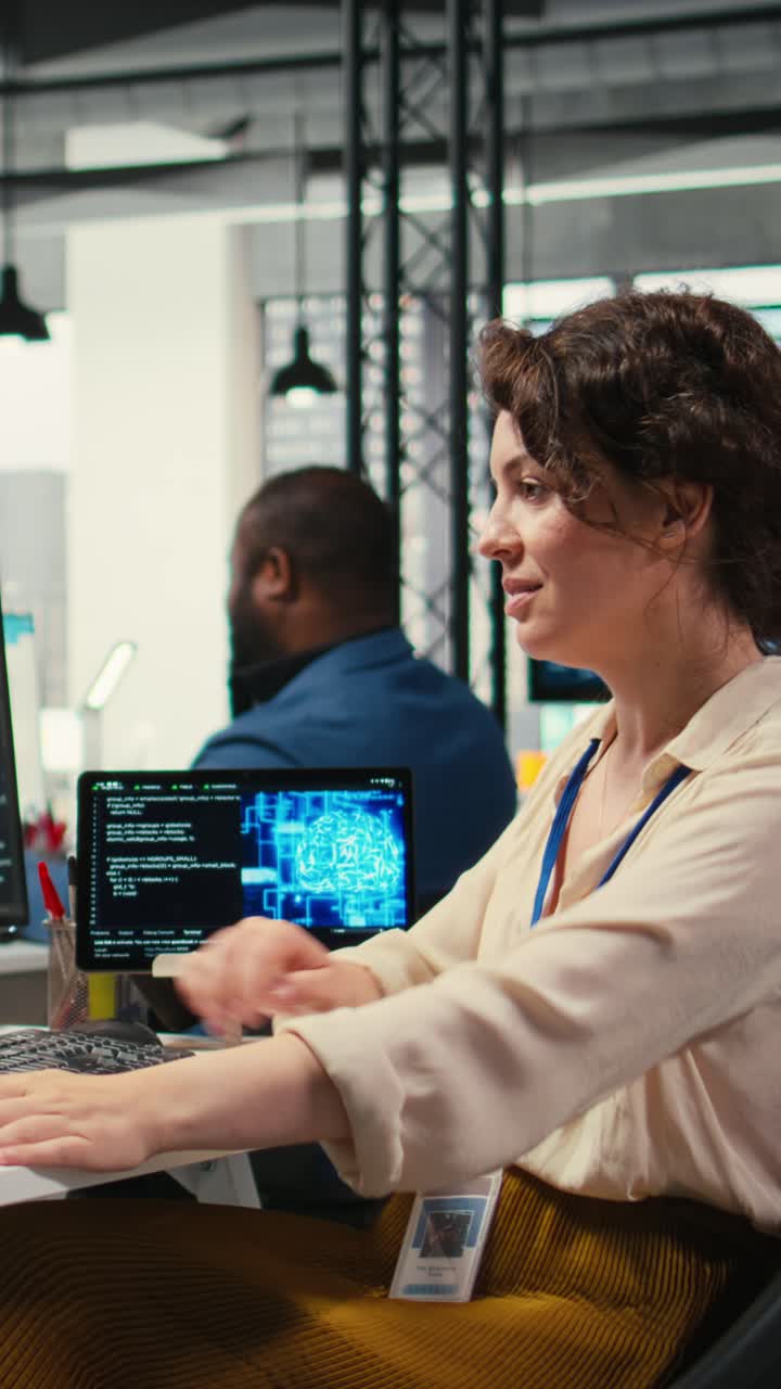 Vertical Video Woman analyst uses AI neural networks for data mining and optimization