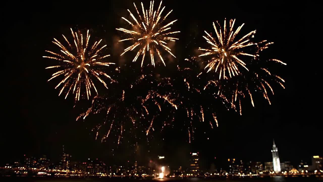 Aerial video of vibrant fireworks over a city skyline at night, captured from a high angle