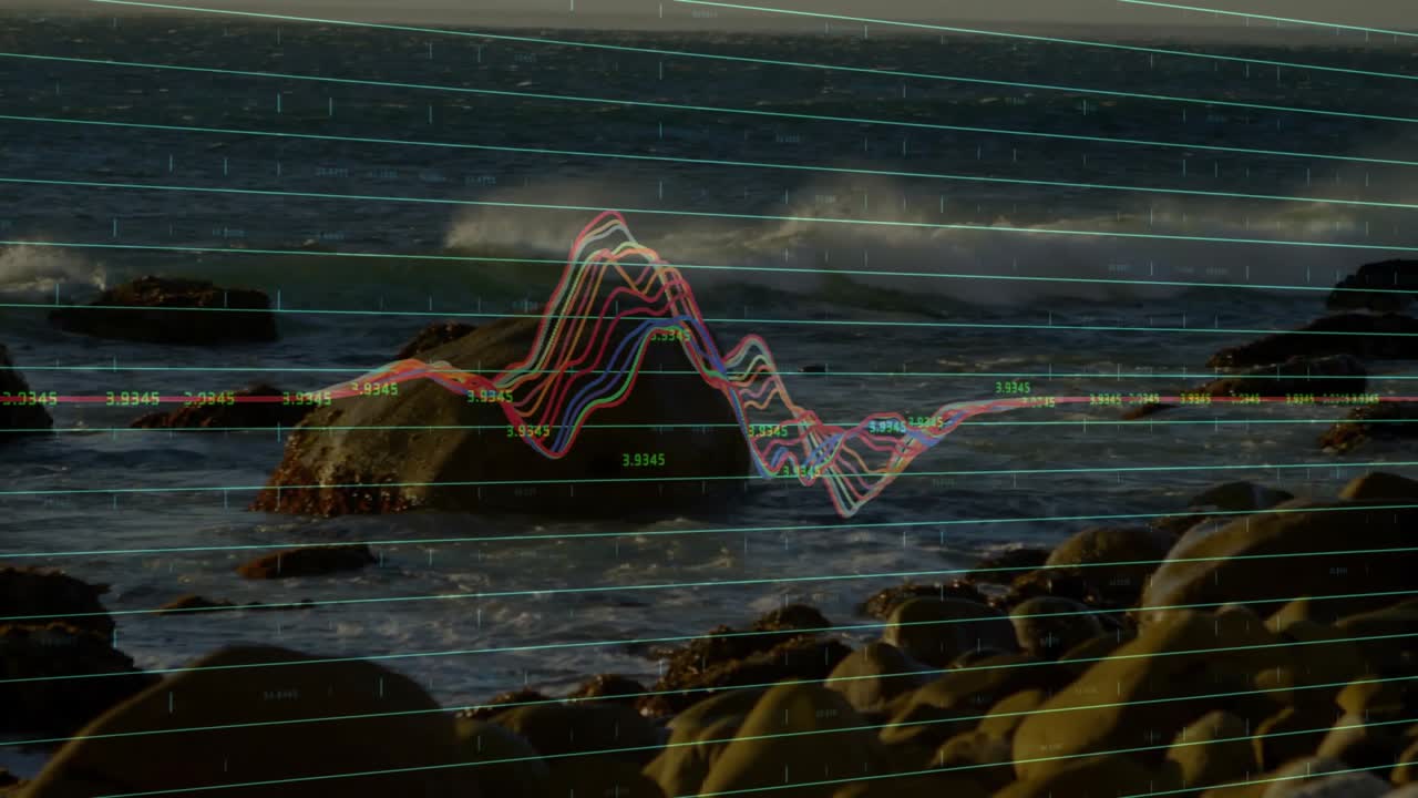 After first second colored traces emerging over rocks, waveform shifting peak marking amplitude