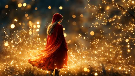 enchanting figure in a red cloak surrounded by shimmering lights