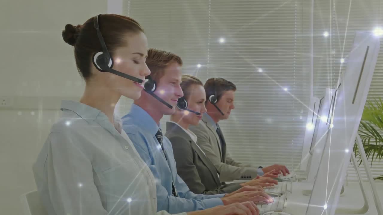 전화 헤드 ⁇ 을 착용 한 사업가 들 을 통한 연결 네트워크 의 애니메이션