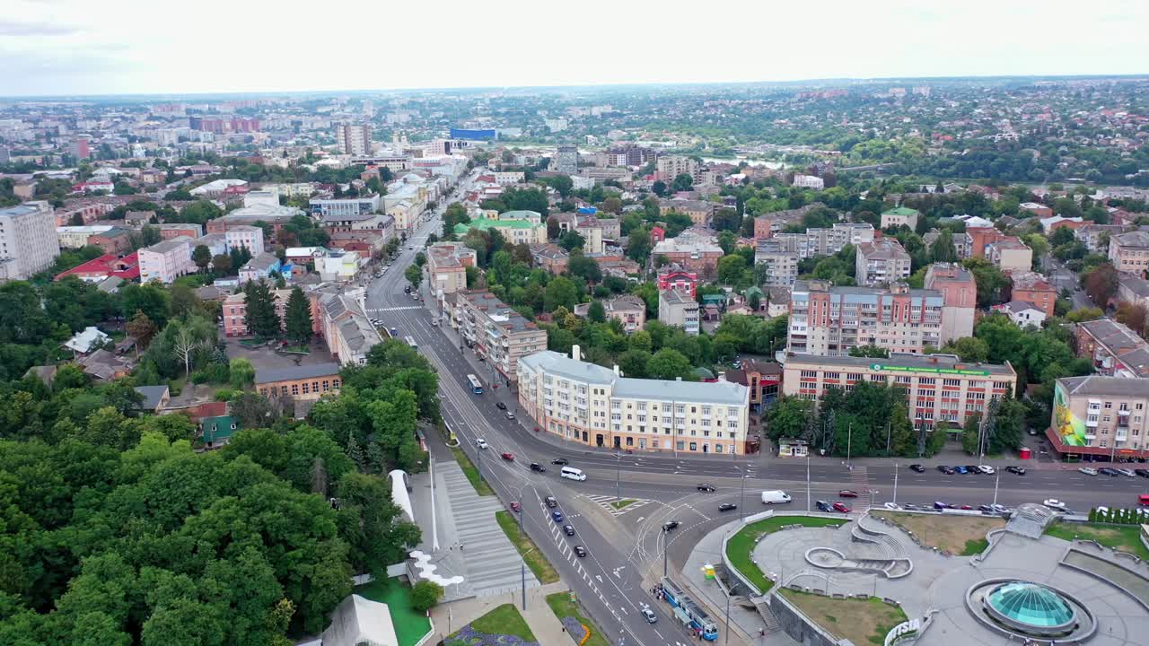 Aerial view of park alley. Aerial city view with crossroads