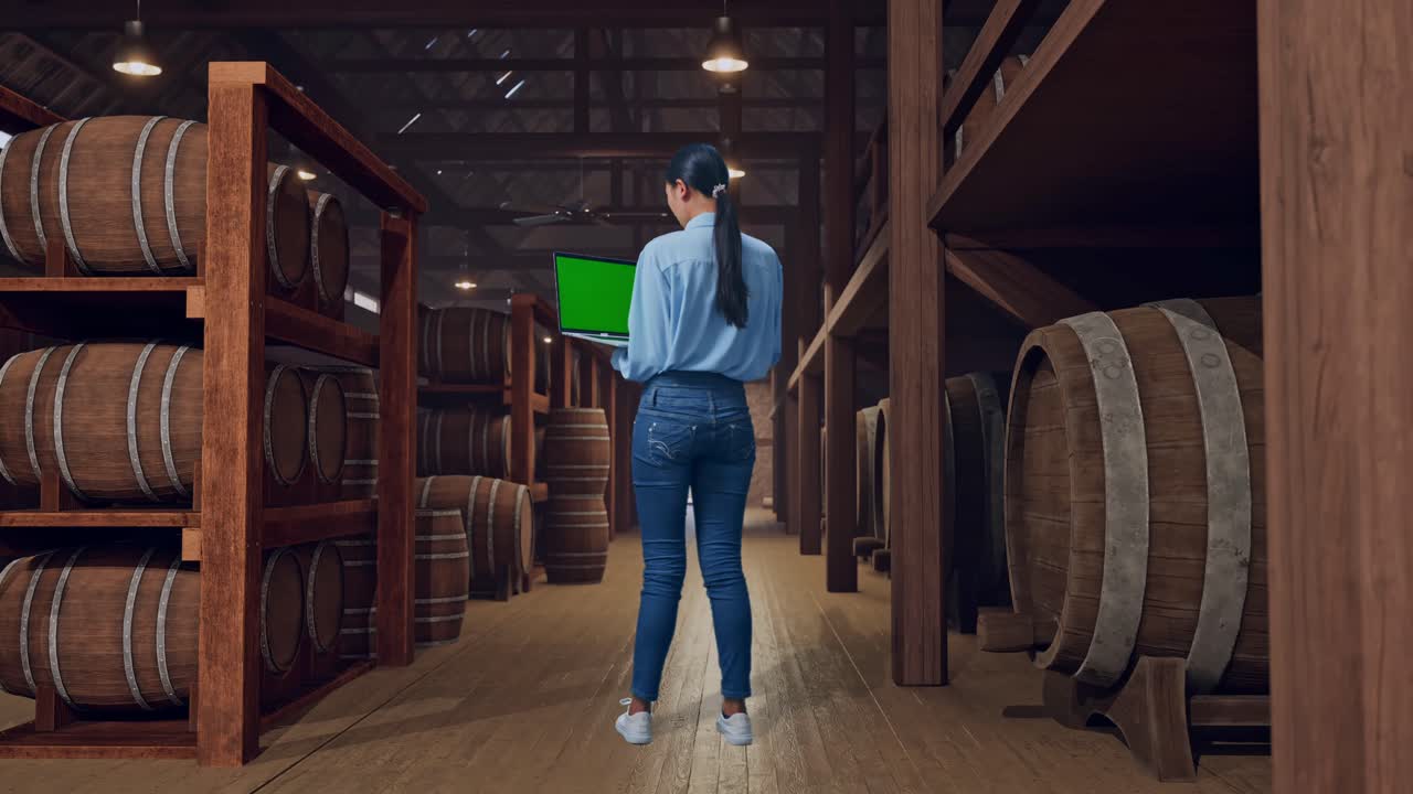 Full Body Back View Of An Asian Female Professional Worker Standing In Cellar Of Winery, Typing On Laptop'S Keyboard With Green Screen And Look At The Factory Once