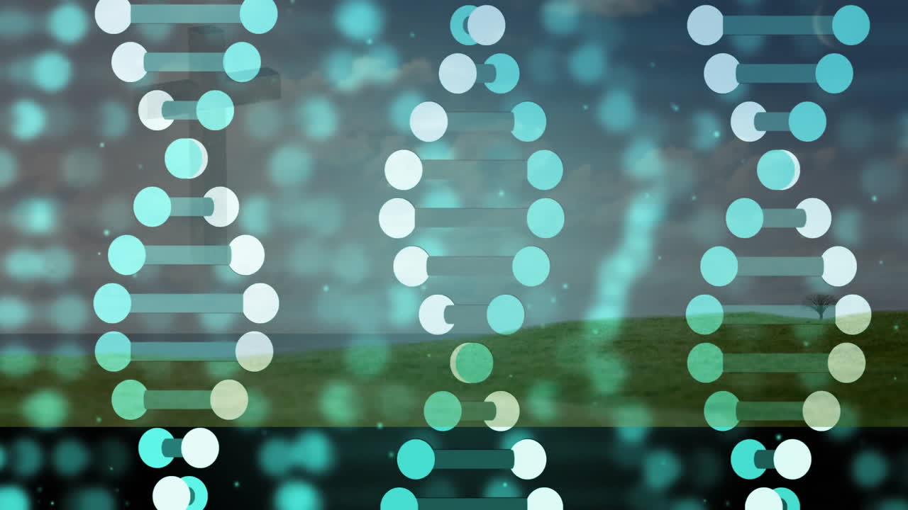 DNA strand with binary coding, processing scientific data in animation style