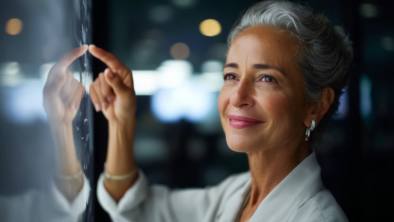 Contemplative Woman Engaged in Thoughtful Reflection, Illuminated by Soft Lighting, Pointing at a Transparent Surface, Capturing the Essence of Wisdom and Experience in a Modern Setting