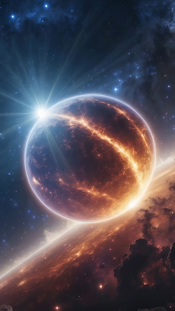 Vertical video: Starting camera capturing glowing planet in space, with bright star, nebula clouds