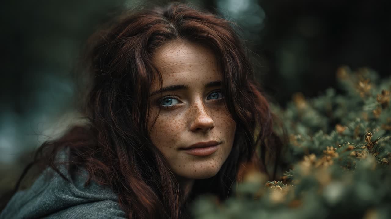 A captivating portrait of a young woman with expressive eyes and freckles, immersed in nature, evoking a sense of tranquility and connection to the earth