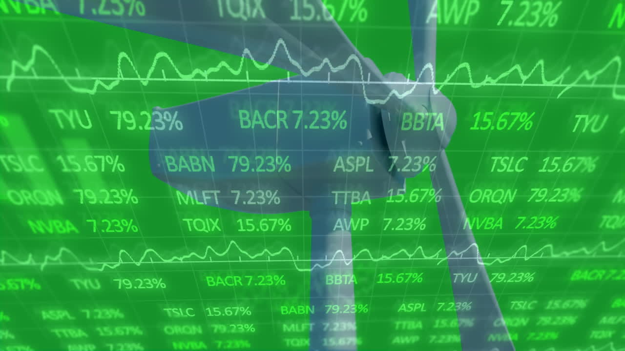 Wind turbine nacelle and blades showing moving financial data overlay with tickers and line charts
