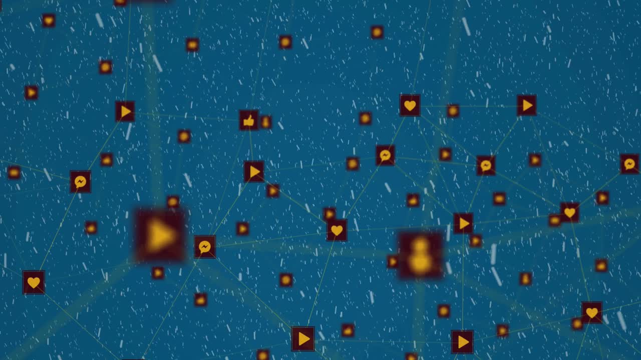 Animation of network of connections with icons over snow falling on blue background
