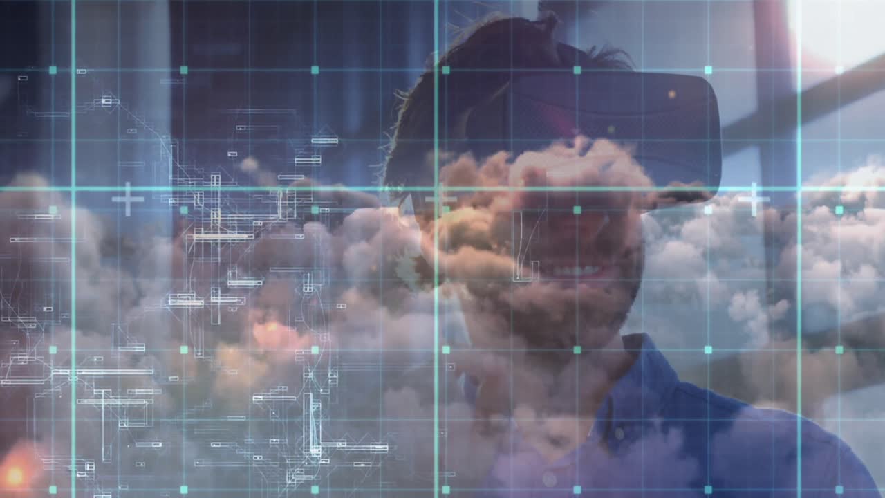 컴퓨터 분석 애니메이션 4k에 맞서 가상 현실 헬 ⁇ 을 사용하는 사업가