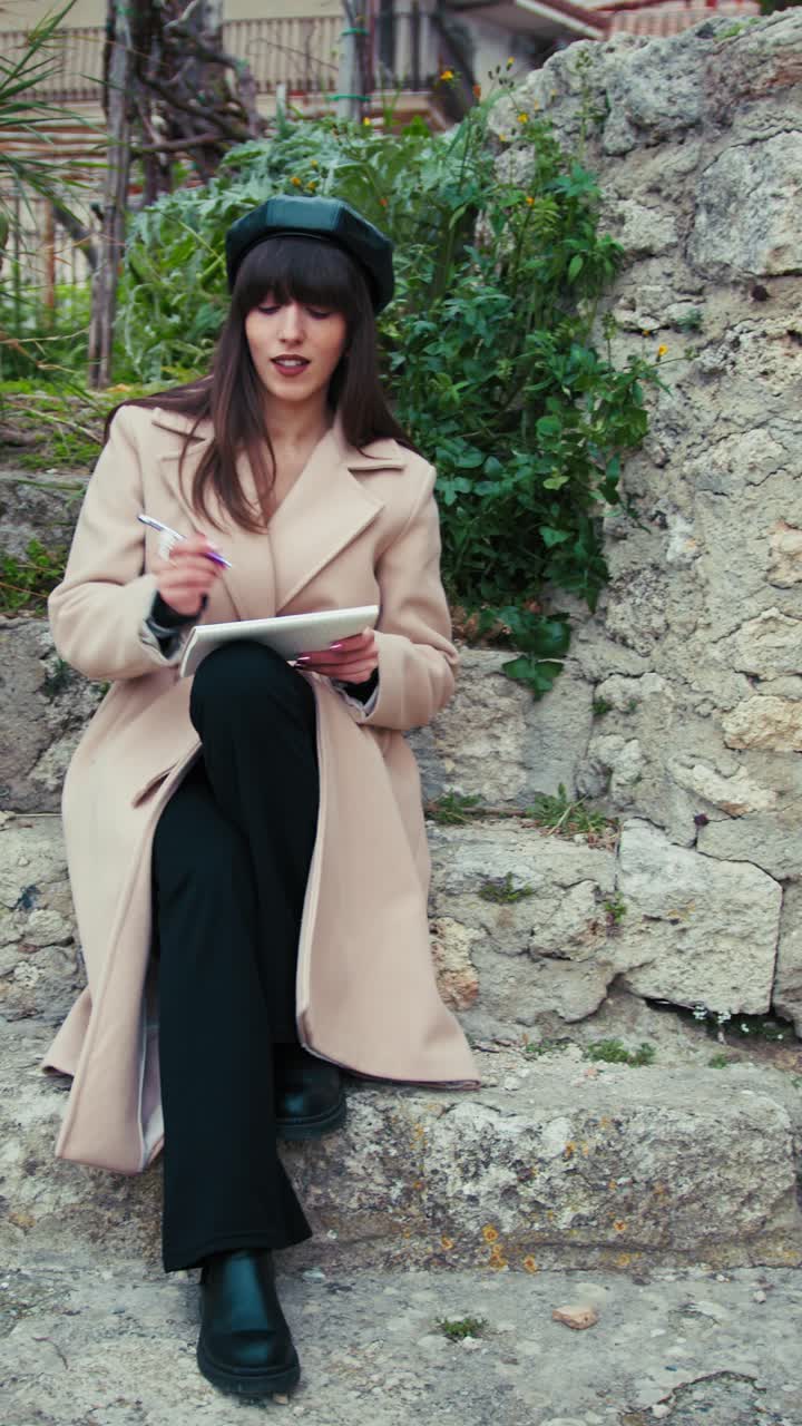 Donna vestita vintage che si rilassa e disegna in un piccolo borgo italiano