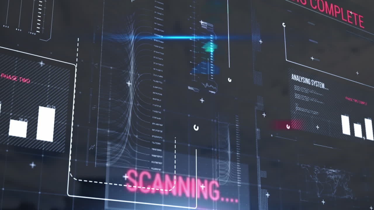 Animasjon av grensesnitt med databehandling og blå lysflekk mot høy bygning