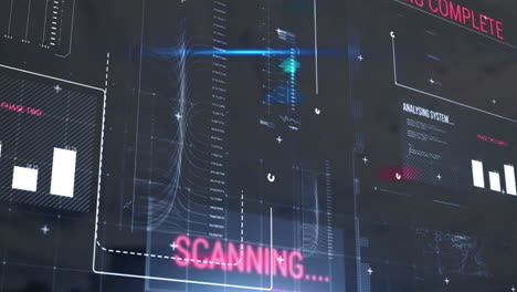 Animation of interface with data processing and blue light spot against tall building