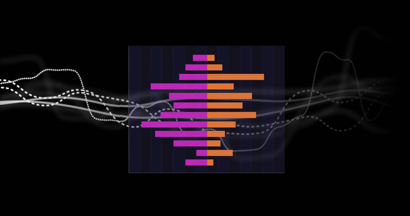Waveforms drifting behind purple grid causing bars growing into heart shape and shifting colors