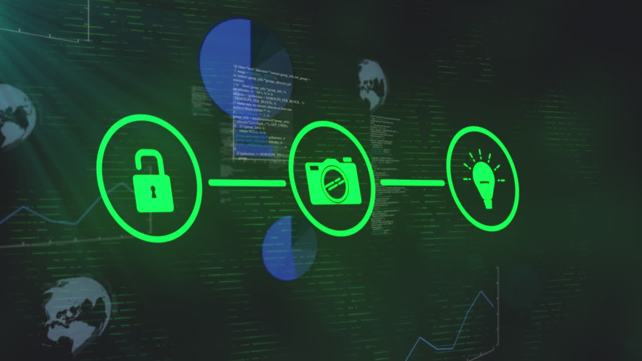Animation of tech icons over data processing on digital screen