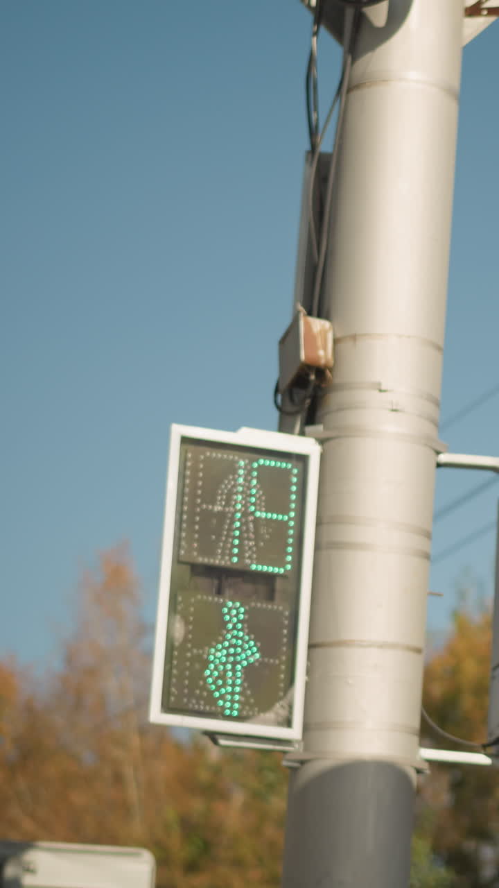 green pedestrian signal countdown showing numbers, metal pole mounted LED walking icon against blue sky and autumn foliage, digital timer counts down from to , calm daytime intersection scene