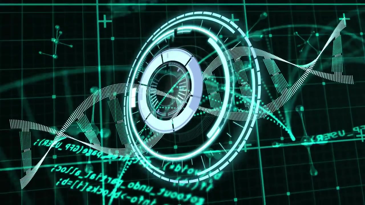 Segmented rings materializing activating helix weaving around interface showcasing data scan