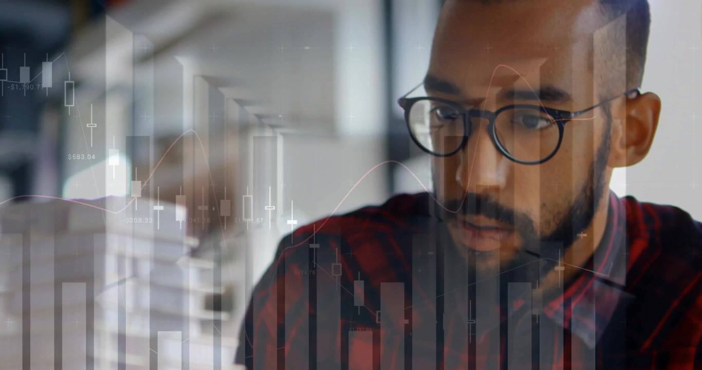Architect Examining Building Model with Digital Financial Data Overlay