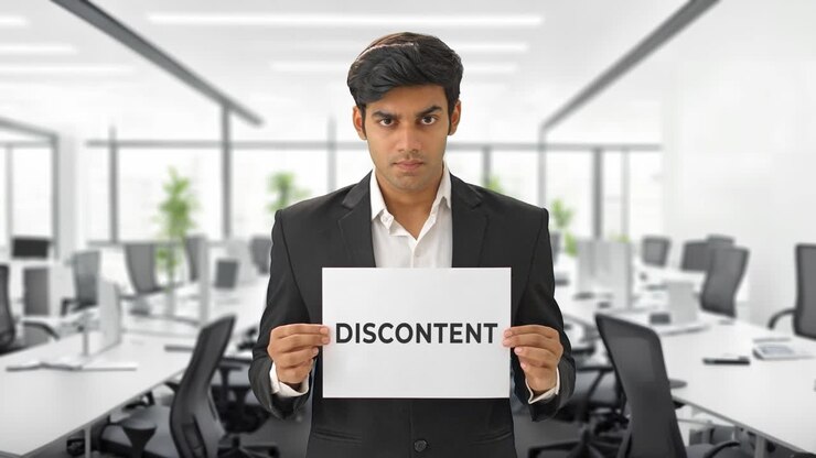 Angry Indian manager holding DISCONTENT banner