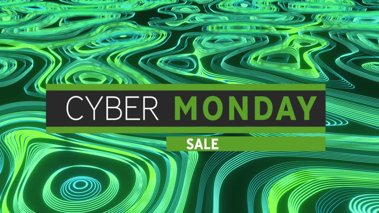 Animation of cyber monday sale text in white and green letters over green waving lines