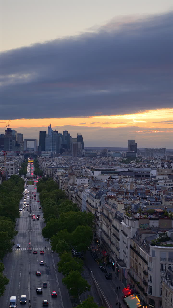 Aerial view of Paris, France in the evening. Vertical