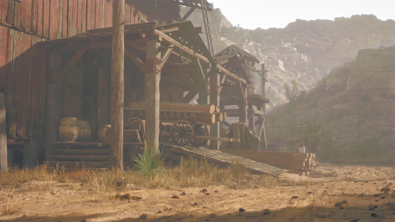 사막 풍경 에 있는 오래된 서쪽 목조 창고