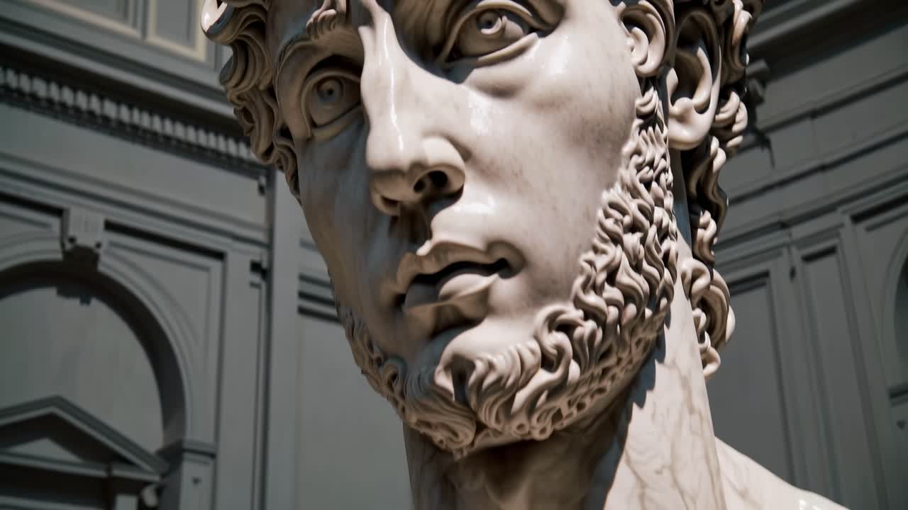 Close-up video angle of a classical marble statue's face, capturing intricate details