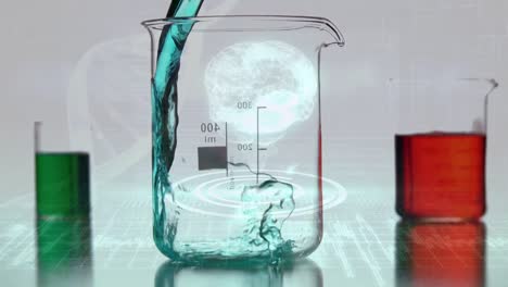 animación de la hebra de adn y el cerebro digital sobre vasos