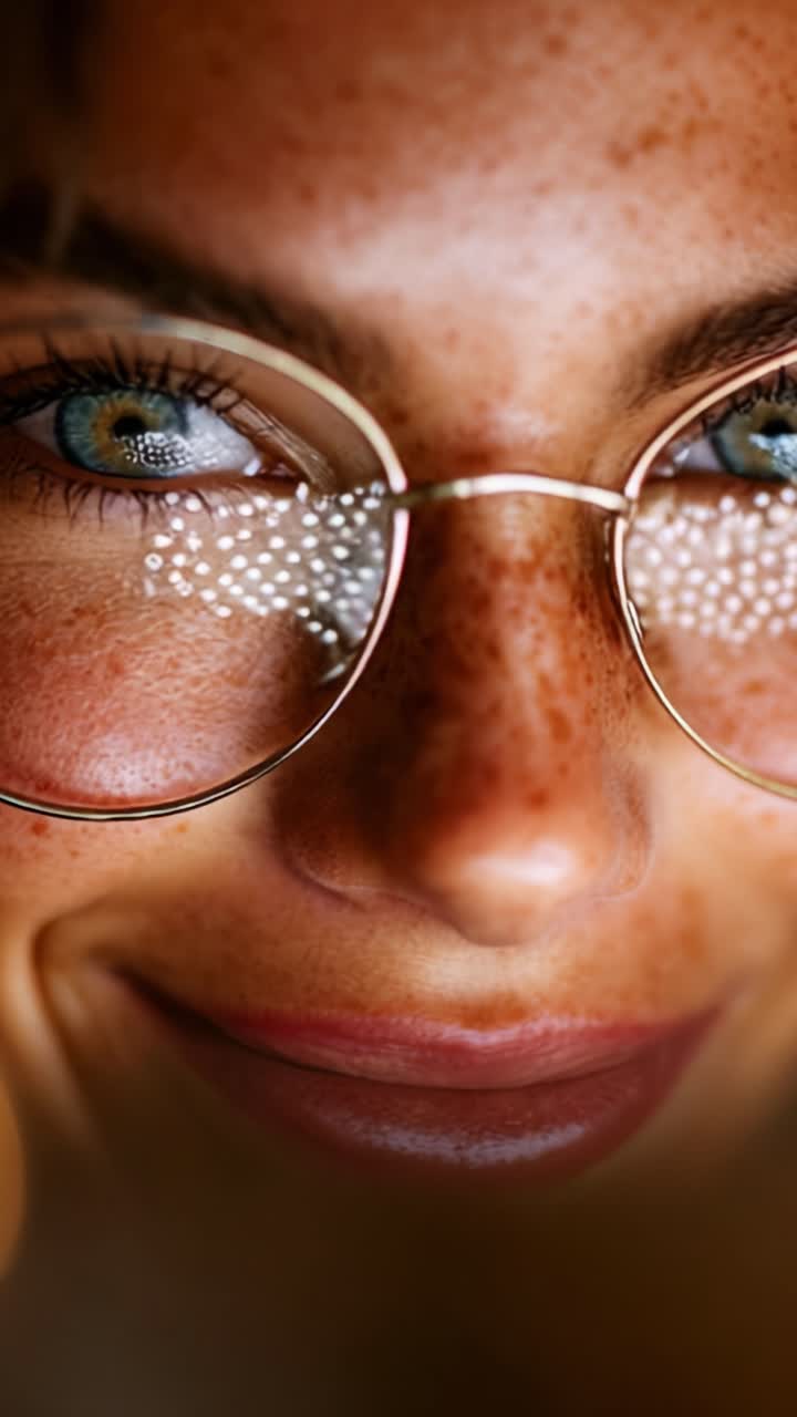 Potret Close-Up Wanita Tersenyum dengan Bintik-Bintik dan Kacamata, Menangkap Detail Mata yang Unik dan Fitur Ekspresif dalam Suasana yang Hangat dan Menarik