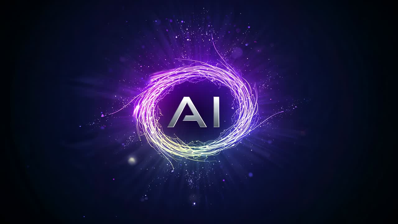 Sweeping purple strands from left wrapping around AI glowing ring on dark void, highlighting logo