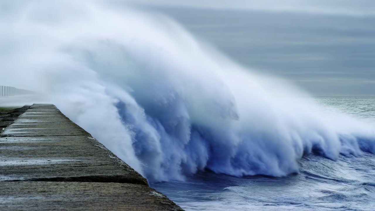 Huge Wave Crashing On Concrete Jetty, Stormy Sky And Deep Blue Swell, Towering Breaker Curls And White Foam,
