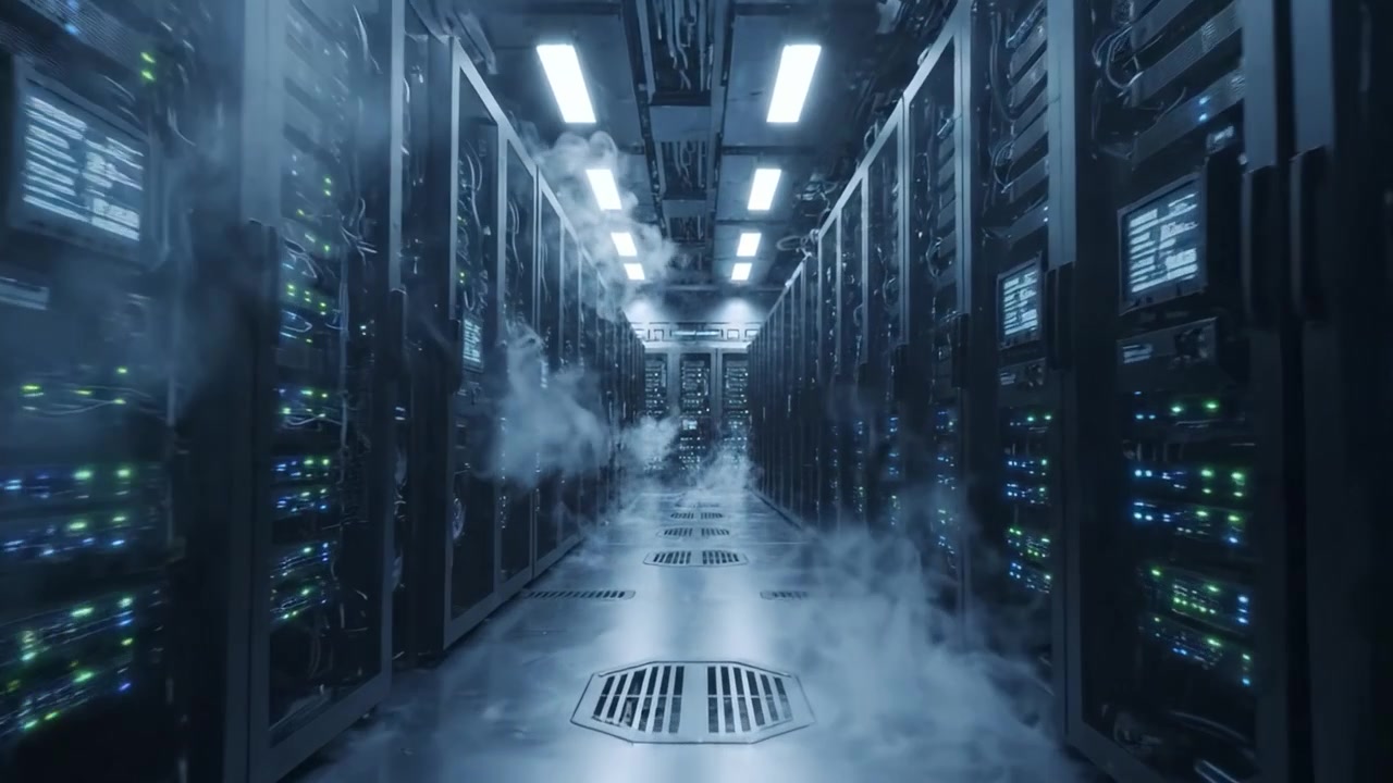An Intricate View Inside a Modern Data Center Showcasing Rows of Servers with Illuminated LED Lights and a Foggy Atmosphere Creating a Futuristic Vibe