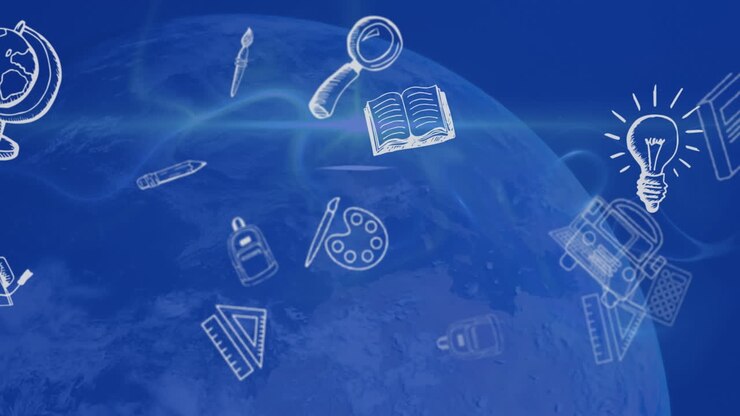 animación de iconos escolares flotando sobre un globo azul y un fondo azul