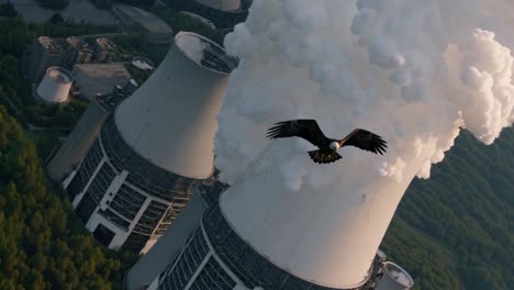 eagle flying above a power plant
