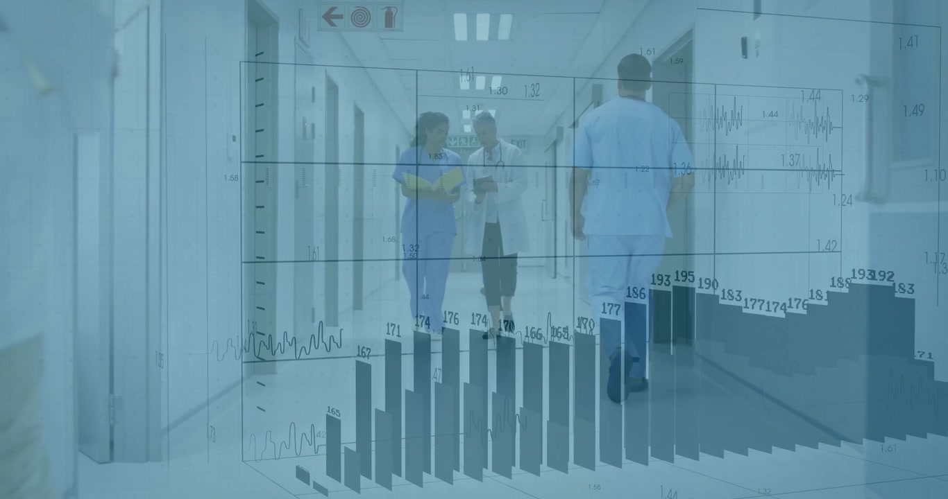 Verpleegkundige leest ziekenhuisdossier en dokter tikt terwijl grafieken zich vullen en patiëntgegevens visualiseren.