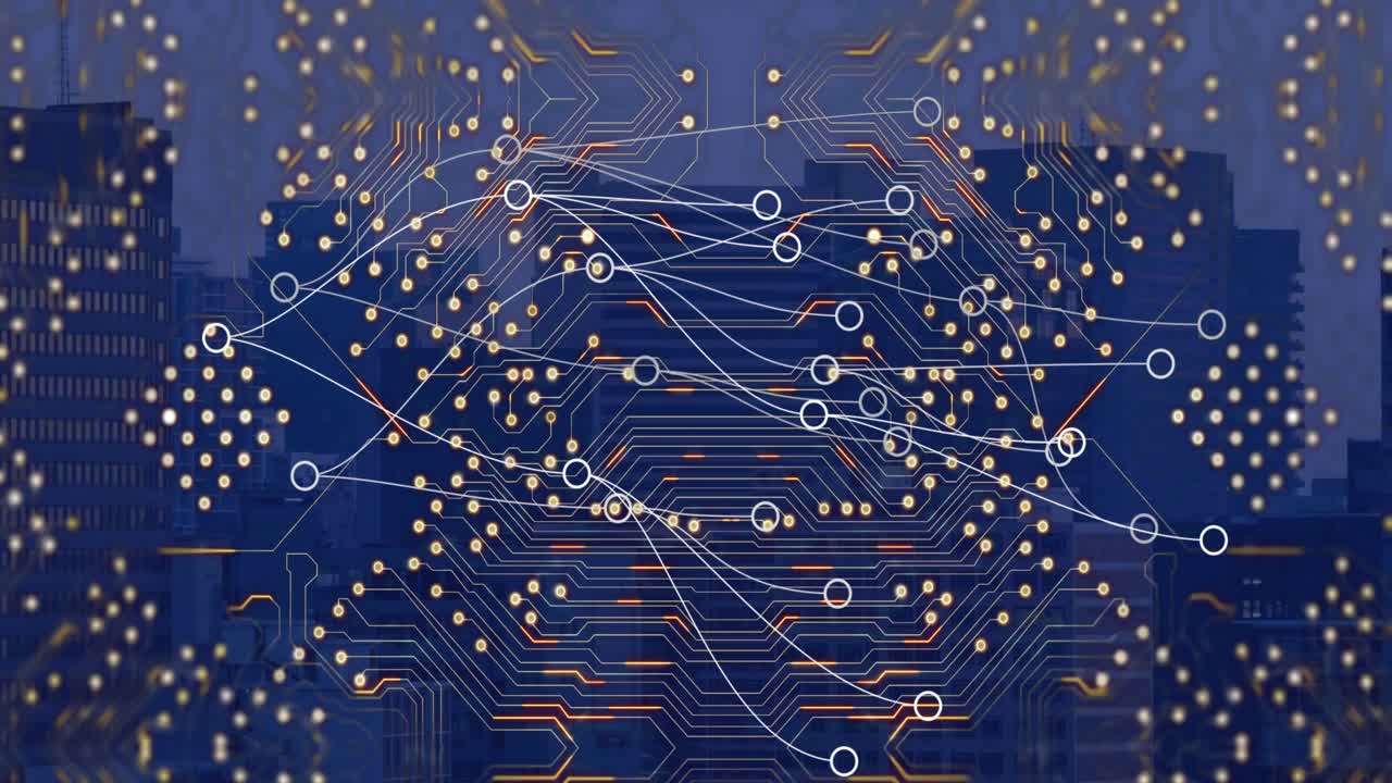Animation of network of connections and computer circuit board over cityscape