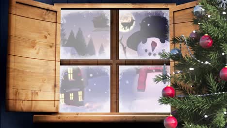 Animación-De-Una-Escena-Navideña-Invernal-Con-Casa,-Muñeco-De-Nieve-Y-Trineo-De-Papá-Noel-Vistos-A-Través-De-La-Ventana