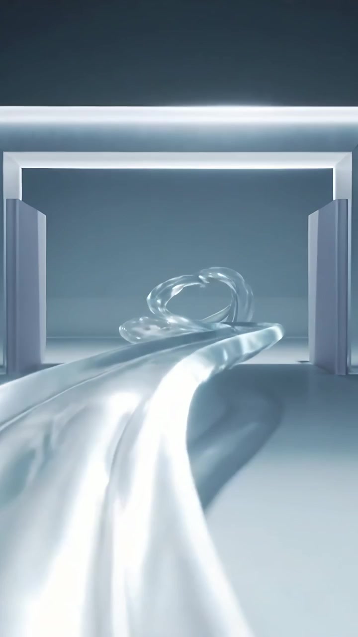 Video verticale: Telecamera in movimento che guida un nastro di vetro che infila anelli interni verso un arco che forma un cappio.
