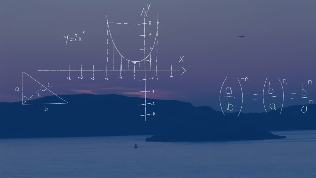 Mathematical equations and graphs animation over serene coastal landscape at dusk