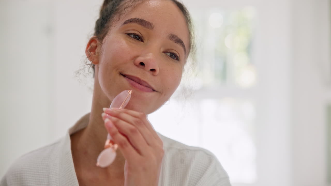 Face, skincare and woman with derma roller